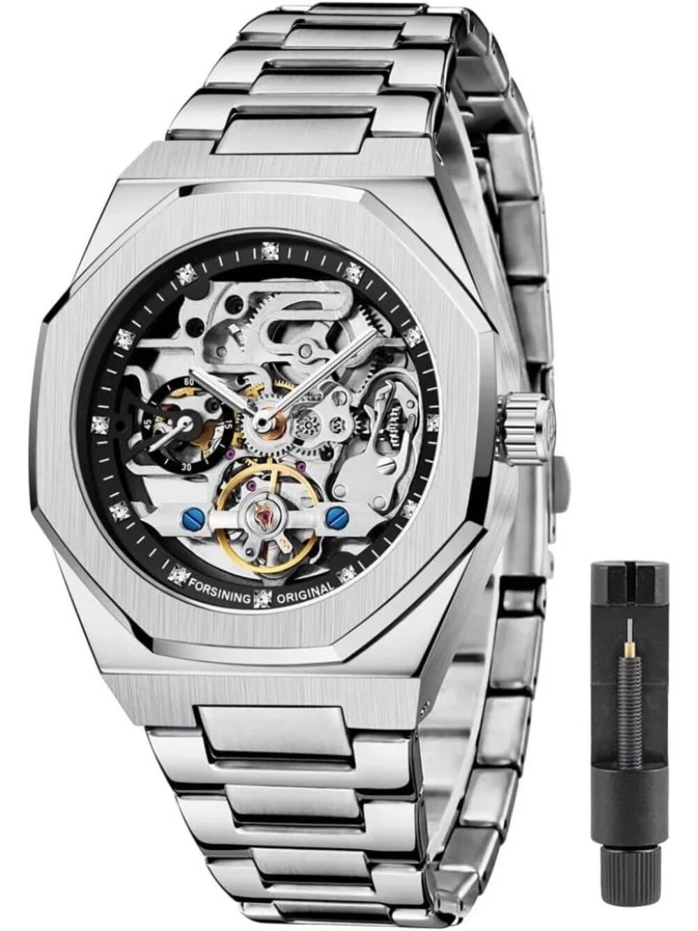 Men's Silver Black Mechanical Automatic Male Clock Stainless Steel Wrist Watch
